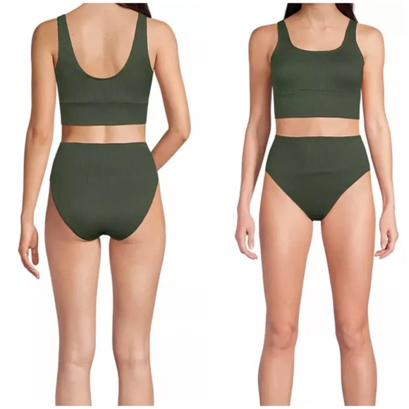 Land end High-Waist Ribbed Olive Green Tank Bikini Set - Picture 2 of 6
